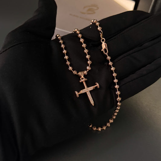 Cadena militar balin diamantado + dije tono oro rosa