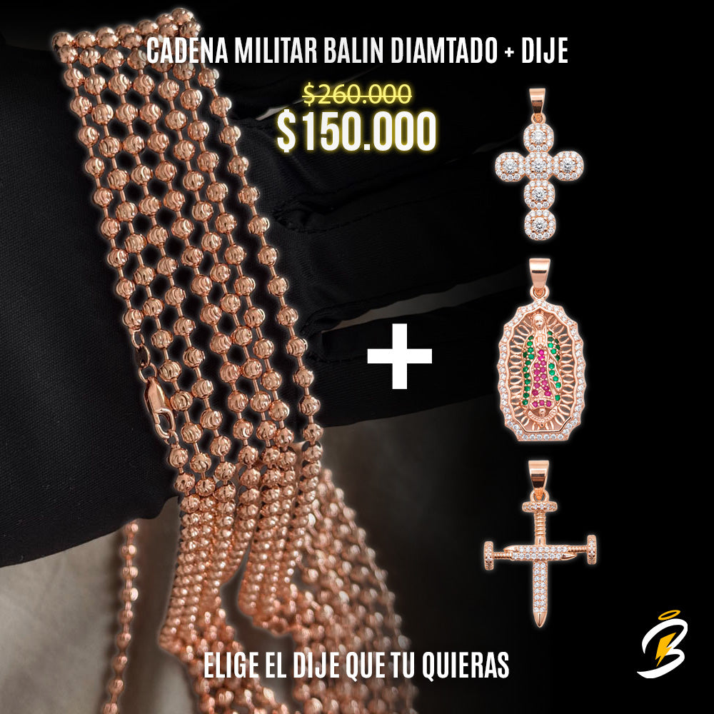 Cadena militar balin diamantado + dije tono oro rosa