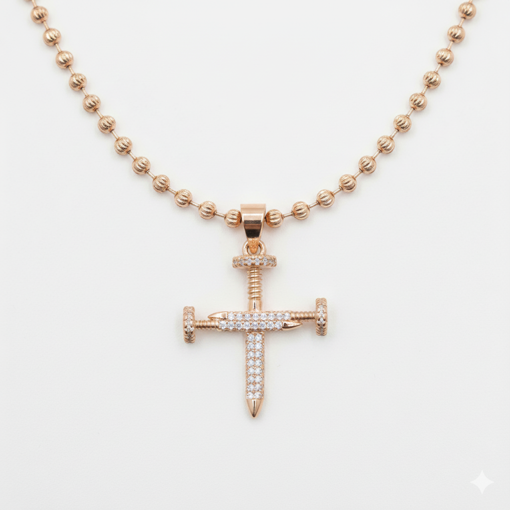 Cadena militar balin diamantado + dije tono oro rosa