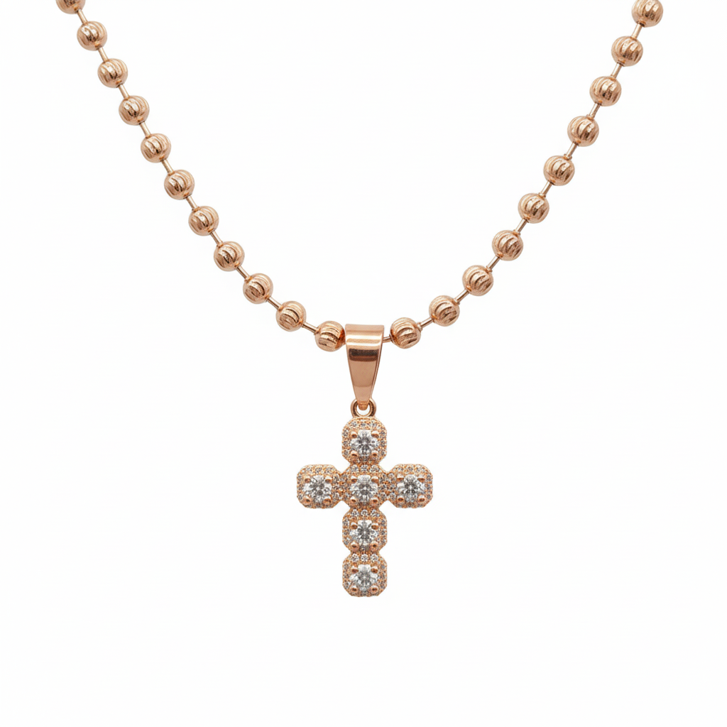 Cadena militar balin diamantado + dije tono oro rosa